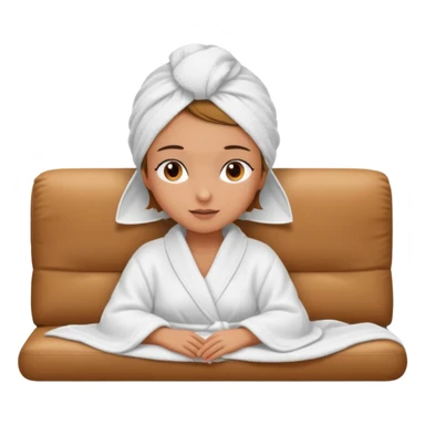 spa A contented and relaxed girl with a towel on her head in a white robe lies on a couch. The icon displays the couch and the girl in full three-quarter view. sticker