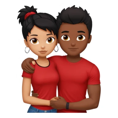 generate a pretty tan bratz boy hugging a fair black haired gf. The guy has black messy hair, lean but muscled and wearing a red tshirt sticker