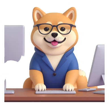 shiba inu with eye glasses and computer sticker
