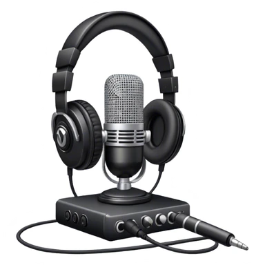 Create a sleek and professional emoji that represents voice acting and dubbing equipment. The design should feature a high-quality microphone, a sound mixer or audio interface, and headphones to symbolize the recording and technical process. Include elements like a soundproof booth or audio cables to reflect the studio environment. Use a modern, clean design with colors like silver, black, and dark blue to represent the professional side of voice acting. The background should be transparent. sticker