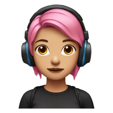 woman, pink hair, blue eyes, headphones, black shirt, frowning sticker