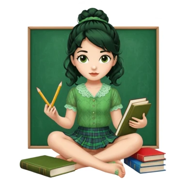 A beautiful girl wears a green lace blouse with short sleeves and a green lace skirt with a plaid pattern. Her long, curly black hair is styled in a messy bun. She holds books and crayons in her hands, and she is barefoot, sitting cross-legged on the floor. The illustration style is pop art. sticker