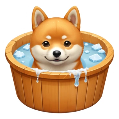 ice bath with a dog in id from wood round. write ice bath  on the ice bath and make it high quality. the dog is a shiba inu. the ice bath has a lot of ice and on the floor sticker