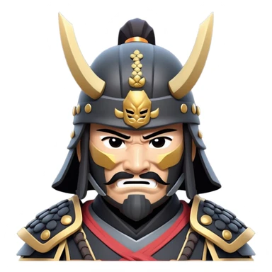 clash-of-clans-aesthetic_-cinematic-fearsome-and-majestic-samurai-bust-portrait-emoji, rendered in a flat, vector-style with minimal shading and bold, simplified shapes typical of emoji art, depicting a battle-hardened samurai with black mask and traditional black Japanese armor. The samurai is riding a noble grey warhorse adorned with an intricately designed saddle and fluttering banners and a rising sun. a samurai riding on a  horse zoomed in sticker