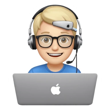 programmer with protruding teeth and glasses, sitting behind a laptop, simple, clear sticker
