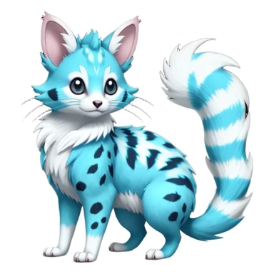 Hyper realistic  neon-cyan fur streaked with lightning-white scars and glassy shine beautiful elegant pretty precious cute  Fakémon-Pokémon-opossum-feline-serval-caracal-chinchilla-Furret-Minccino-hybrid-creature with a big fluffy bushy tail (full body) sticker