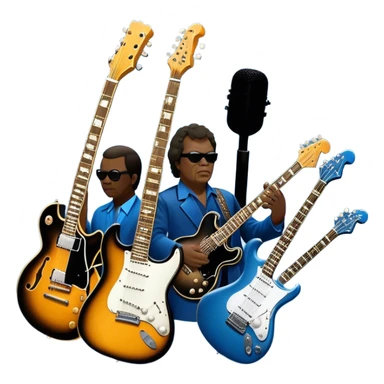 Icon for Blues Music: collage of legendary blues artists. Gary Moore, Eric Clapton, B.B. King and Joe Cocker. Represented by silhouettes or symbolic items like guitars, microphones, or music notes, reflecting the soulful energy of blues music. Transparent background. sticker