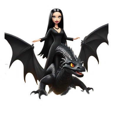  beautifully dressed teen Morticia Addams beach Barbie Jedi flying on the back of a very large black shiny evil-looking fire-spewing dragon. proper scale sticker