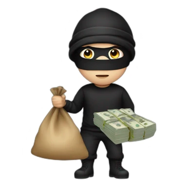 Thief wearing a white and black shirt with an eye mask and a black beanie holding a sack of money  sticker