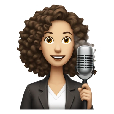 podcast host long dark brown curly white woman with microphone sticker