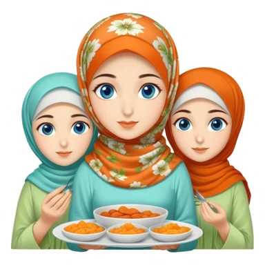 Three sister Turkish girls beautiful finish Konya blue eyes with orange floral hijab and light green dress and make turkish Breakfast sticker