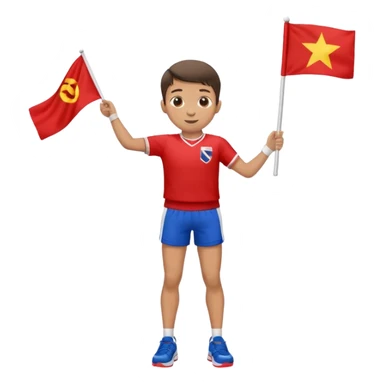 A boy in a jersey, excitedly lifting a small handheld flag and shorts with simple sport shoes sticker