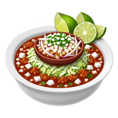 A delicious hot bowl of pozole rojo with separate sides: white chopped onions, green shredded cabbage, lime wedges, red chile de arbol salsa, and tostadas sticker