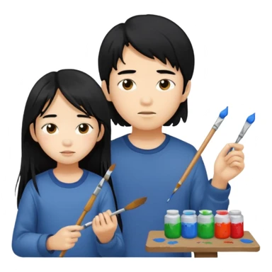 Asian boy with long hair and girl messy painters sticker