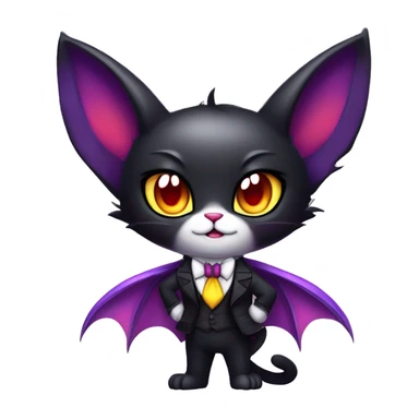 Cute-Edgy-Vampiric-Batty-Cat-Black-Purple-Red-Yellow-Contrast-Colors-Fantasy-Fur-Sona-Chibi-Shiny-Fakémon-Hybrid with horns and big fangs neck bow white tie leg spats full body sticker