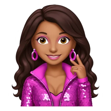 Mya, R&B Singer with dark brown long hair, pink sequin outfit sticker