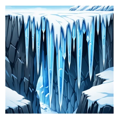 A stunning winter scene showing long, sharp icicles hanging from a frozen cliff or ledge, glistening in bright daylight. The surface is covered in snow and ice, with a cold blue and white color palette, highly detailed, realistic lighting, and frosty atmosphere. sticker