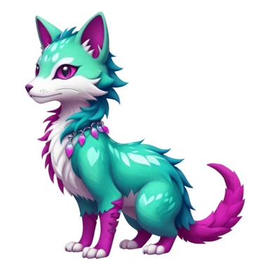 Kawaii colorful iridescent turquoise-green and magenta and white beautiful pretty elegant divine edgy fantasy feline-vernid-sergal-Fakémon-Pokémon-fursona-animal-creature with accessories, full body, with intricate detailed markings sticker