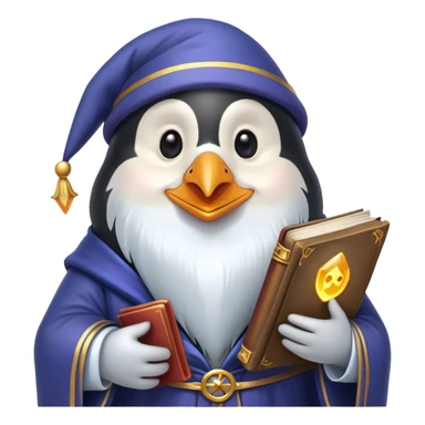 smiling penguin wizard with a long beard and magical book, emoji style sticker