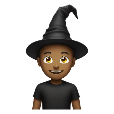 smiling boy in black shirt with wizard hat sticker