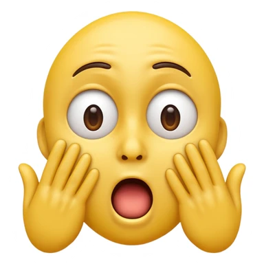 A 3D glossy yellow emoji of a shocked horrified face with no nose, with mouth and eyes are wide open, eyebrows  raised, and hands against their cheeks, black background, high quality, soft studio lighting sticker