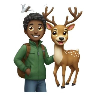 smiling boy outdoors by tree with Christmas rendeer sticker