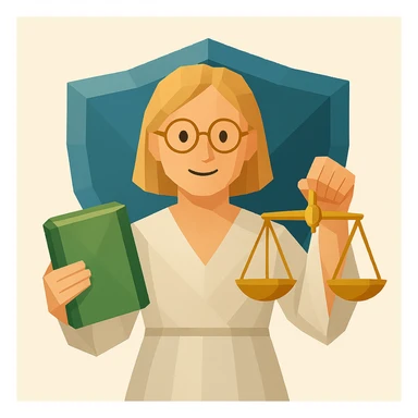 A lady with blond hair and glasses, holding a green book and a gold justice scale, with a shield in the background, in a polygonal illustration style. sticker