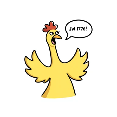 cartoon style shouting yellow long neck chicken with a funny expression, 'JW 1776' in a speech bubble sticker