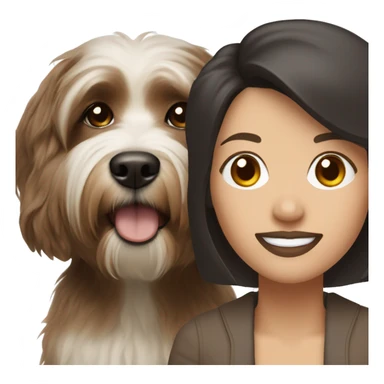 tan skinned middle aged woman with brown hair, with black and white havanese dog sticker