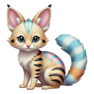  cute adorable whitish pastel fur with random colorful markings iridescent beautiful elegant pretty precious cute  Fakémon-Pokémon-alien-opossum-feline-serval-caracal-chinchilla-Minccino-hybrid-creature with a big fluffy bushy striped tail (full body) sticker