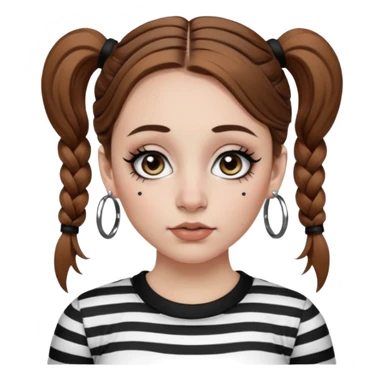 a white girl with brown hair in very low pigtails black eyeliner big false eyelashes with a septum piercing nose piercing big hoop earings dermals close to the eyes one on each side wearing a black and white striped long sleeve shirt sticker