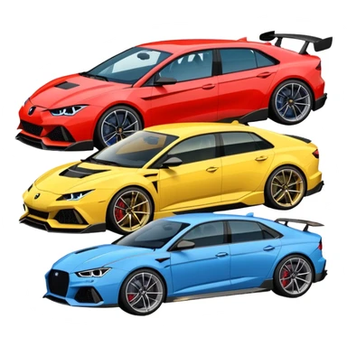three cars lineup front profile forming a semi circle with a lamboghini svj an bmw m140i and a audi rs6 sticker