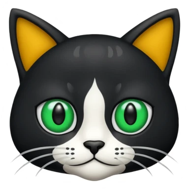 crie uma imagem de um gato preto com uma mancha branca no peito o gato tem olho verde  tudo no estilo de animação sticker