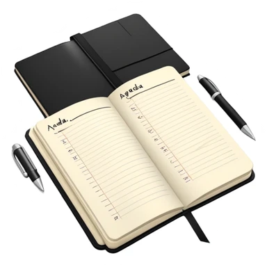 A classic black Moleskine notebook open to show a page with 'AGENDA' written at the top and meeting items listed below with bullet points sticker