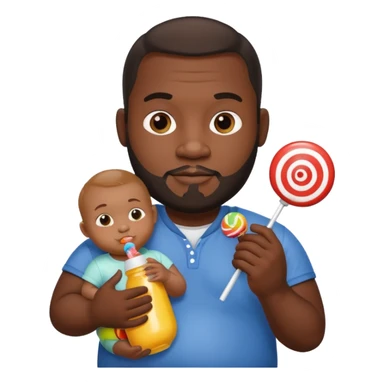 Big black man hold a  baby bottle and a lollipop sticker