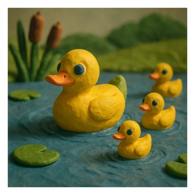duck family swimming in a pond, vibrant colors, soft lighting, textured look, claymation style sticker