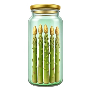 tall clear glass jar filled with upright pale white or green asparagus spears submerged in brine, sealed metallic lid gold or green, slim smooth spears neatly arranged tips upward, no label plate or extras, soft lighting, subtle shadows, transparent background, emoji scale sticker