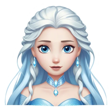 Cinematic Elegant Snow Queen Portrait Emoji, rendered in a realistic, vector-style with minimal shading and bold, simplified shapes. Depict Elsa (chest and above) with icy pale skin, long flowing platinum hair, and piercing blue eyes that exude quiet power, dressed in a shimmering ice-blue gown. The image glows with a soft, frosty radiance and high shine, capturing her ethereal, regal beauty. sticker