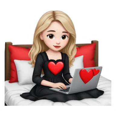 Sabrina carpenter in a black nightdress sitting on a bed with her laptop open and there is a heart on her laptop  sticker