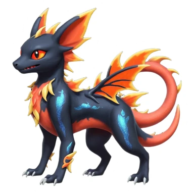 Shiny Fiery Dark Ugly Evil Realistic Glowing Eldritch Horror Cool Edgy Badass Emo Glorious Demonic Batty Dusky Ethereal Sparkly Shimmering Magical Punky Aural Iridescent Fluorescent Bioluminescent Litten-Amaura-Salandit-Noibat-Flareon-Fakémon-fusion (full body) with intricate pattern markings sticker