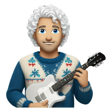 a man with blue eyes, white curly hair and a New Year's sweater holding a guitar sticker