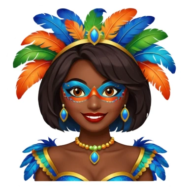 i need the same girl in "dark skin girl, dark red lipstick, nails very beautiful" to be smiling in "carnival mas costume, blue, green and orange preferably, full costume feathers at the back" she is to be smiling, hair should be dark and in a bob  sticker
