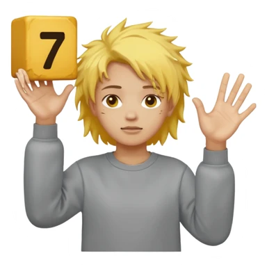 in a grey sweatshirt and yellow messy hair hold his hands out one hand hes holding a block that says 6 and in his other and a block that says 7 sticker