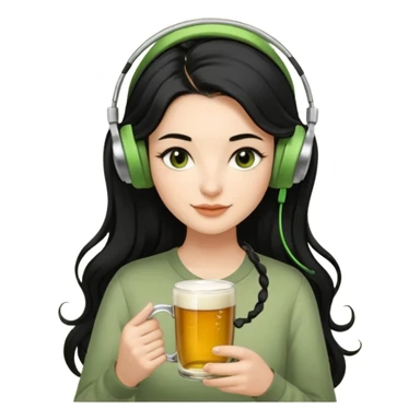 Style: 3D Apple emoji-style, realistic texture 	•	Lighting: Soft, even, Apple-style lighting 	•	Facial detail: Defined cheekbones, slightly winged eyeliner 	•	Hair: Long, black, slightly curled at ends 	•	Accessories: Wired earphones, green tea cup, beer mug 	•	Expression: Calm and slightly smiling  sticker