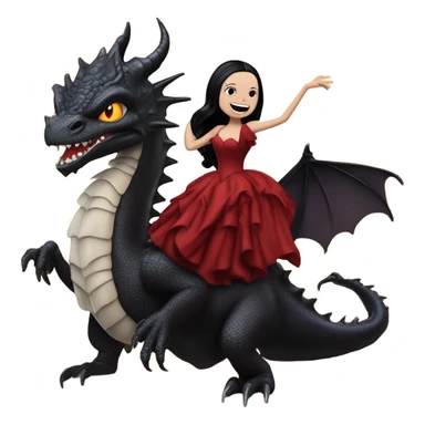 painting Lavish Victorian evening gown, Jenna Ortega as young Morticia Addams Jedi wearing a mini tiara, riding on the back of a very large blood red evil-looking fire-spewing horned dragon sticker