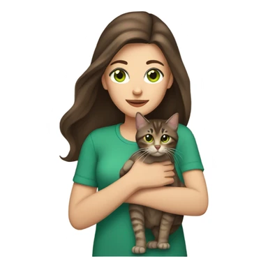 Caucasian woman with long dark brown hair and brown eyes holding a brown tabby cat with green eyes sticker