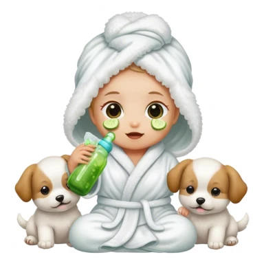 Baby drinking a bottle with cucumbers over her eyes wearing a white fluffy robe and next to puppies  sticker