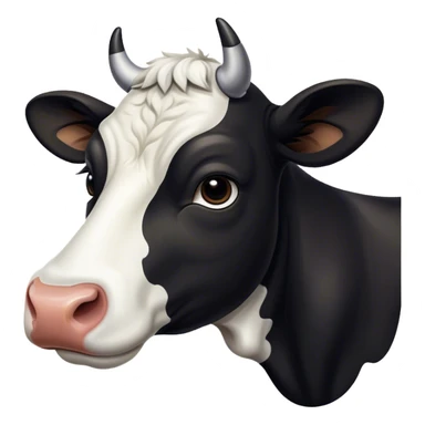 Cinematic Noble Black and White Cow Portrait Emoji, Poised and regal, with a large, sturdy build and a striking, well-groomed coat of pure black accented by crisp white patches, deep-set soulful brown eyes, Simplified yet sharp and sophisticated features, highly detailed, glowing with a soft, dignified glow, high shine, intelligent and calm, stylized with an air of modern elegance, focused and attentive, soft glowing outline, capturing the essence of a watchful and confident bovine guardian, so majestic it feels as though it could stride out of the screen with effortless authority! sticker