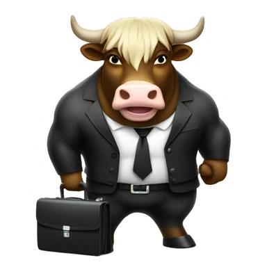 big muscular bull wearing black suit and holding a briefcase full of money with happy face sticker