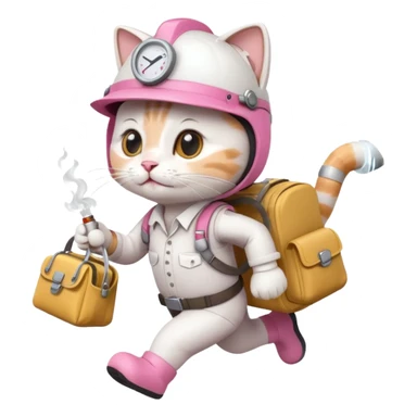 A cute white and pink funny cat in cartoon style dressed as engineer with a white helmet running very fast carrying her cute bag leaving a smoking footsteps sticker